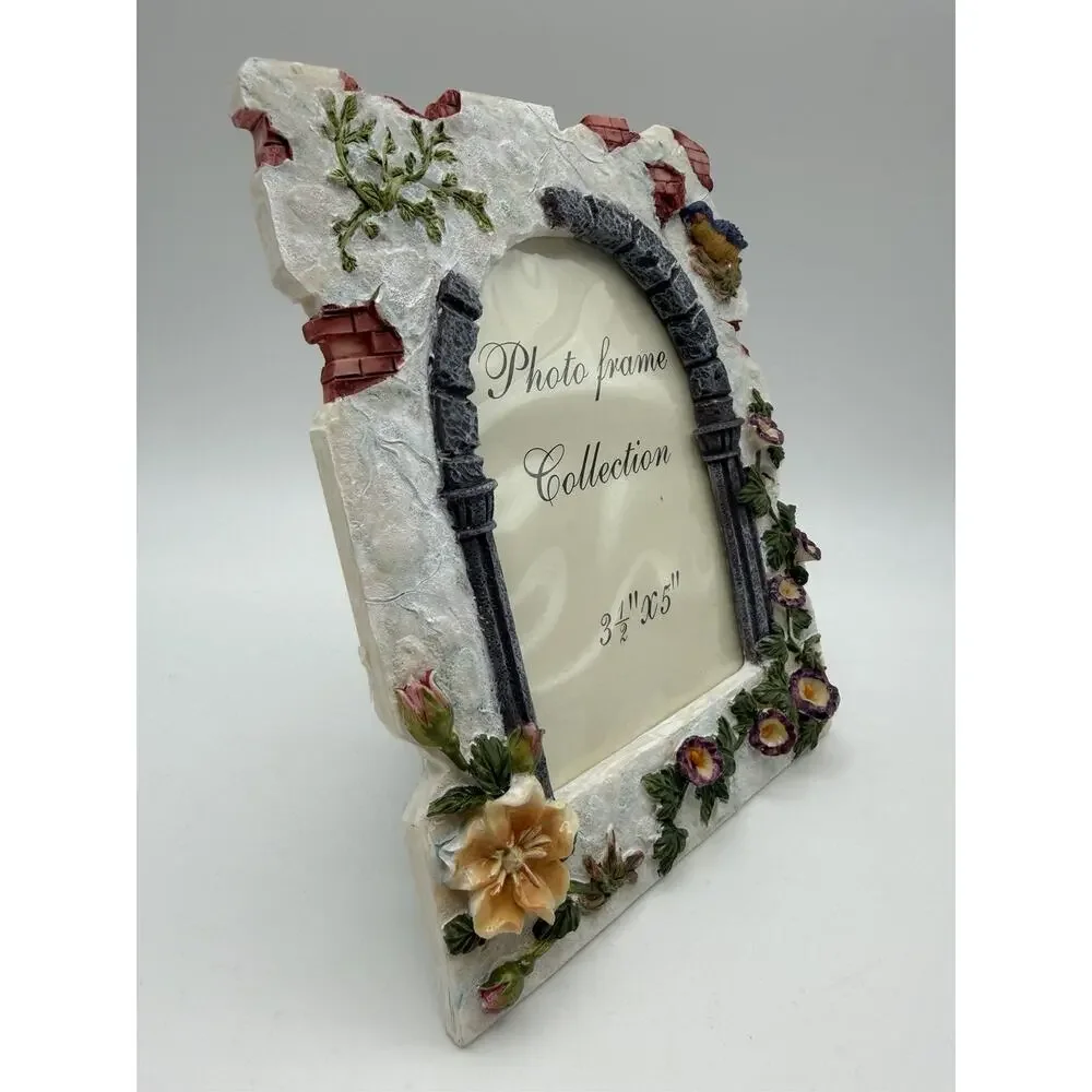 Vintage Garden Photo Frame Stone Arch 3D Resin Flowers Birds 3.5x5 Cottagecore